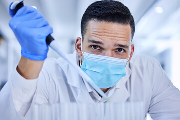 Poster - Man, test and scientist with dropper in lab for medical health or research for vaccine in career. Mask, pathology and chemist in portrait for cure in field for experiment with breakthrough in trial