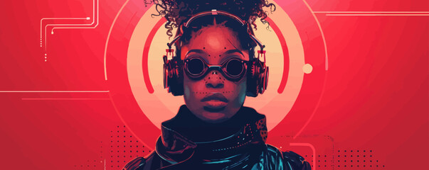 black woman in cyberpunk attire, with a headset and other accessories. vector simple illustration