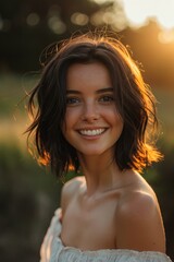 Wall Mural - Portrait of a young woman with short, shoulder length hair. have a beautiful smile