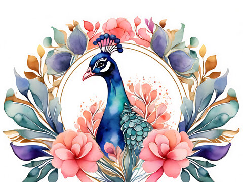 Watercolor painting of a peacock with blue, green, and yellow feathers decorated with flowers and leaves. Arranged in a pattern decorated with flower and leaf frames. Beautiful bright colors