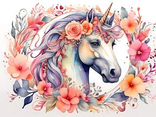  Beautiful watercolor painting of a unicorn with a colorful flower crown decorated with flowers and leaves. Arranged in a decorative pattern with colorful frames on a white background.