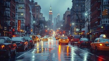 a city street at night filled with car lights and tall buildings illuminated against the night sky l