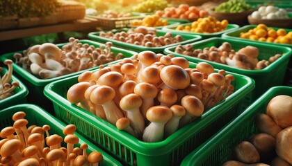Wall Mural - Image of multiple green plastic baskets filled with fresh, ripe Mushrooms