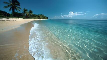 Wall Mural - A serene beach with clear blue water and palm trees lining the shore List of Art Media Photograph inspired by Spring magazine