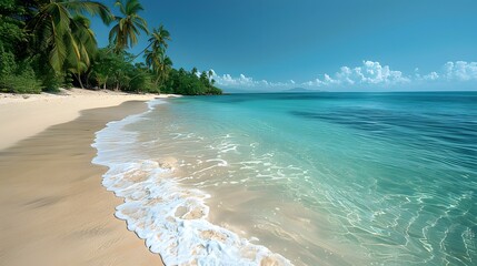 Wall Mural - a serene beach with clear blue water and palm trees lining the shore list of art media photograph in