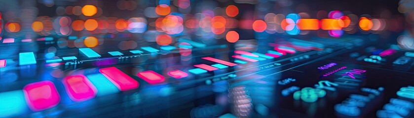 Poster - Colorful digital interface with vibrant LED lights and futuristic technology. Suitable for high-tech, innovation, and digital concepts.