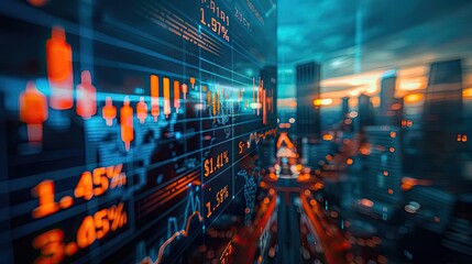 Aufkleber - Abstract financial trading graph digital concept, double exposure with modern city skyline, showing market trends and indicators.
