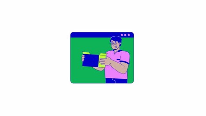 Poster - Arab man with plus size selling stuff online line 2D animation. Middle eastern guy showing box on web site 4K video motion graphic. Decluttering linear animated cartoon flat concept, white background