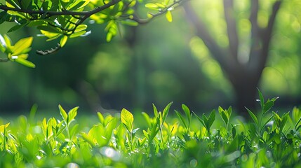 Poster - Close-up of fresh green grass and leaves with sunlight filtering through trees, highlighting the vibrant natural beauty of a serene outdoor scene.