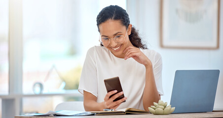 Poster - Business, typing and woman with smartphone, smile and connection for social media, internet and digital app for news. Happy person, journalist and editor with cellphone, online reading and research