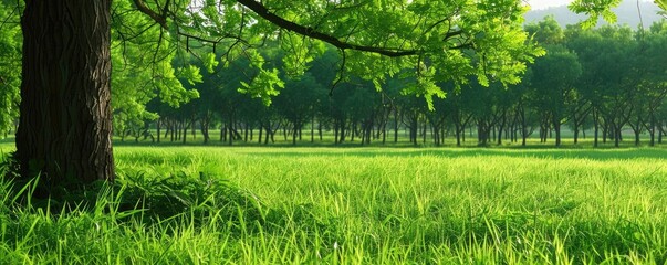 Aufkleber - Lush green meadow under the shade of a large tree with a line of trees in the background on a sunny day.