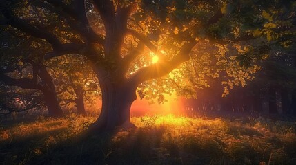 Poster - Beautiful sunrise casting golden light through a serene forest, illuminating an old tree and creating peaceful natural scenery.
