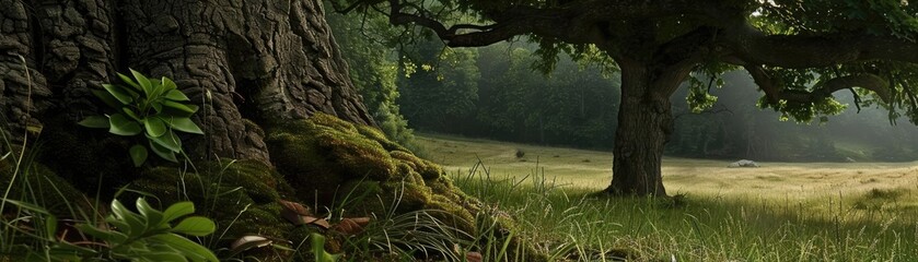 Poster - Serene forest scene with ancient trees and lush green grass under a soft, diffused light in a peaceful, natural setting.