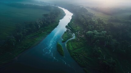 Poster - Aerial view of a tranquil river meandering through lush green landscape at sunrise, with misty atmosphere and serene water in nature setting