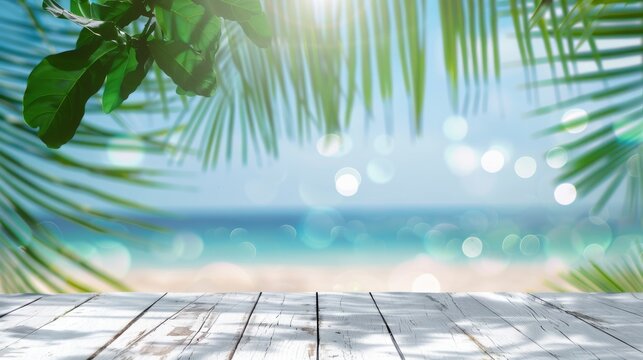 Top of white wooden table with blurred bokeh light seascape and palm leaves at tropical beach background --ar 16:9 Job ID: 9456d145-57d1-4228-93a3-989df7a3076a