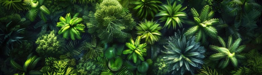 Poster - Top view of lush green tropical plants with various leaves, showcasing vibrant foliage and natural beauty, ideal for nature-themed designs.