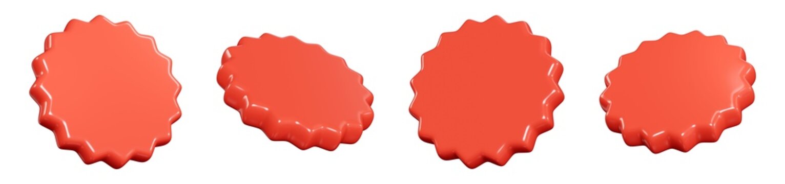 Red starburst sticker floating in air. 3D render illustration set of circle sale banner and text box for promotion and discount sign. Flying in different angles sunburst round badge icon.