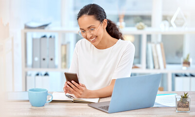 Poster - Business, typing and woman with cellphone, internet and connection for social media, research and digital app for news. Happy person, publisher and journalist with smartphone, online reading or smile