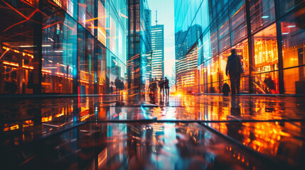 Modern skyscrapers with city lights reflecting on wet pavement