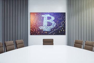 Poster - Creative Bitcoin symbol on presentation tv screen in a modern meeting room. Cryptocurrency concept. 3D Rendering