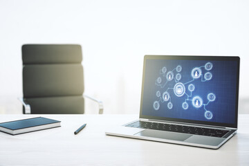 Poster - Modern computer monitor with social network icons concept. Marketing and promotion concept. 3D Rendering