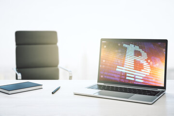 Poster - Creative Bitcoin concept on modern laptop screen. 3D Rendering
