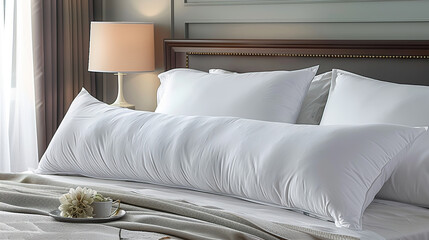 Close-up of a white pillow on a bed in a hotel room
