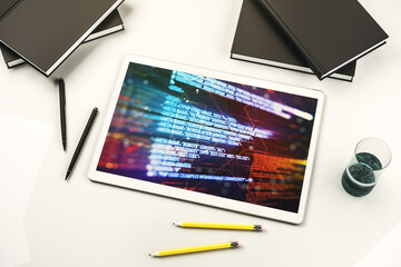 Aufkleber - Top view of modern digital tablet screen with abstract creative programming illustration, big data and blockchain concept. 3D Rendering