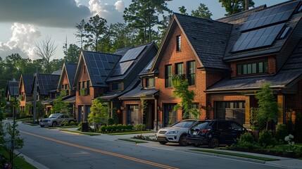 Wall Mural - Solar panels on the rooftops of suburban homes, capturing sunlight for renewable energy List of Art Media Photograph inspired by Spring magazine