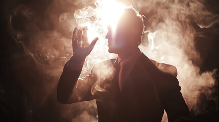 A magician wearing a top hat in smoke