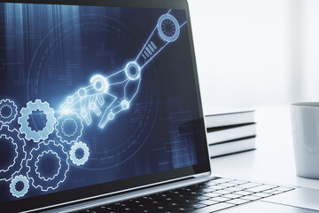 Aufkleber - Creative abstract robotics technology hologram on modern computer monitor, artificial intelligence and machine learning concept. 3D Rendering