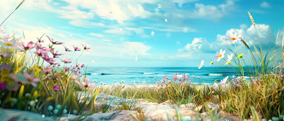 Idyllic beach scene with wildflowers