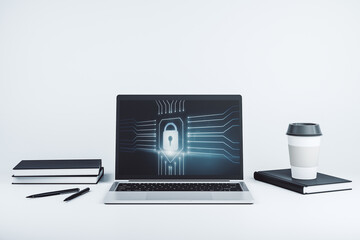 Aufkleber - Modern computer monitor with creative lock hologram and chip. Information security concept. 3D Rendering