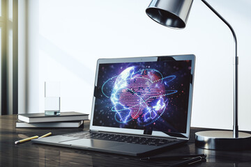 Aufkleber - Abstract digital world map with connections on modern computer monitor, big data and blockchain concept. 3D Rendering