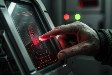 Poster - A persons finger touches a screen, possibly interacting with a biometric fingerprint scanner to access a secure system