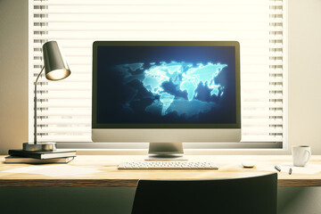 Poster - Computer monitor with abstract creative digital world map, globalization concept. 3D Rendering