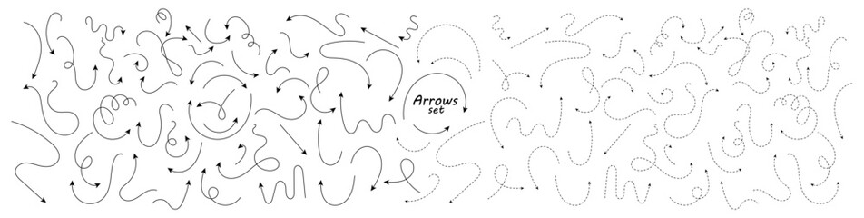 Poster - Big set of hand drawn thin line and dash line arrows. Collection of black curved vector pointers pointing in different directions. Simple design elements of a signpost showing confusing complex path.