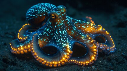 Wall Mural - a bioluminescent octopus camouflaging itself against the dark ocean floor its body glowing with intr