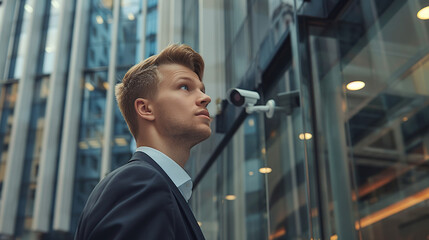 Wall Mural - A young businessman in a suit looks at a building with a city street in the background