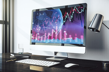 Poster - Abstract creative financial graph with world map on modern laptop screen, forex and investment concept. 3D Rendering
