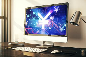 Poster - Creative concept of Japanese Yen symbol illustration on modern laptop screen. Trading and currency concept. 3D Rendering