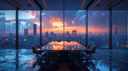 Wall Mural - Illustrate an elegant conference room with floor-to-ceiling windows showing a cityscape and beautiful rain outside