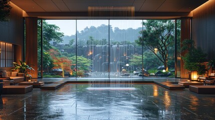 Wall Mural - Illustrate a luxury hotel lobby with panoramic windows revealing a cityscape and beautiful rain