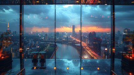 Wall Mural - Illustrate a luxury hotel lobby with panoramic windows revealing a cityscape and beautiful rain