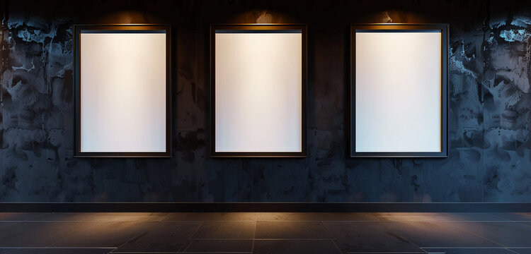 Urban-style gallery setting with three blank frames on a glossy jet black wall, evenly lit, 3D rendering