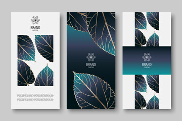 Branding packaging nature leaf background, voucher logo banner, spring summer, luxury vector illustration with golden leaves