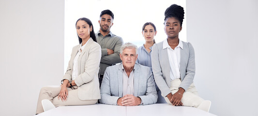 Poster - Leader, diversity and portrait of business people in office sitting together after meeting. Collaboration, lawyers and group of professional colleagues or coworkers in modern workplace or law firm
