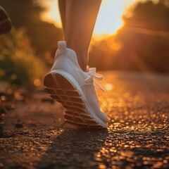 Wall Mural - Detail of female feet in running shoes jogging in the early morning