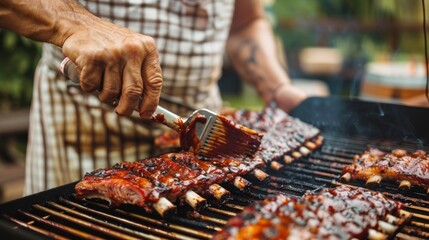 Wall Mural - A barbecue chef grilling pork ribs on a large outdoor barbecue pit, brushing them with a tangy barbecue sauce for added flavor.