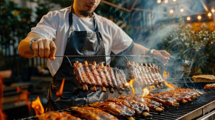 Wall Mural - A barbecue chef tending to racks of sizzling pork ribs on a smoking grill, basting them with a flavorful marinade for maximum taste